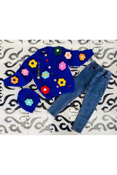 Kız Çocuk Papatya Nakışlı Triko Hırka Kot Pantolon Bere 3'lü Takım Saks 10 Yaş