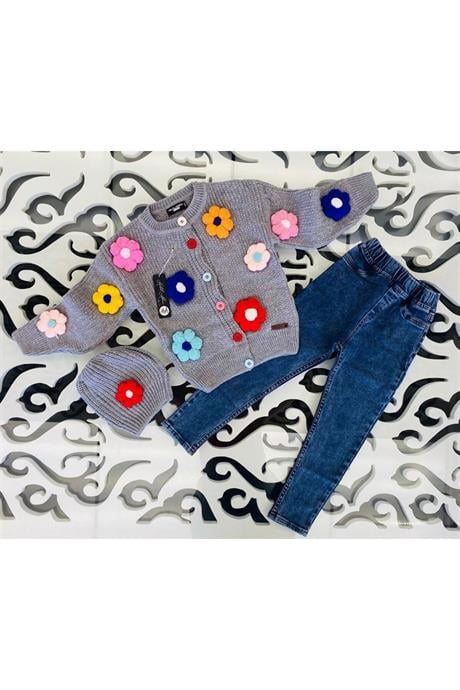 Kız Çocuk Papatya Nakışlı Triko Hırka Kot Pantolon Bere 3'lü Takım Gri 6 Yaş