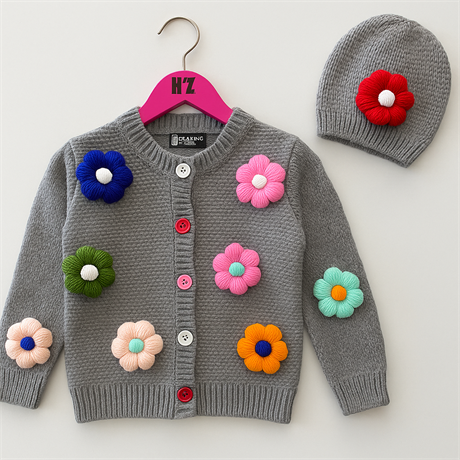 Kız Çocuk Papatya Nakışlı Triko Hırka Bere Gri 12 Yaş