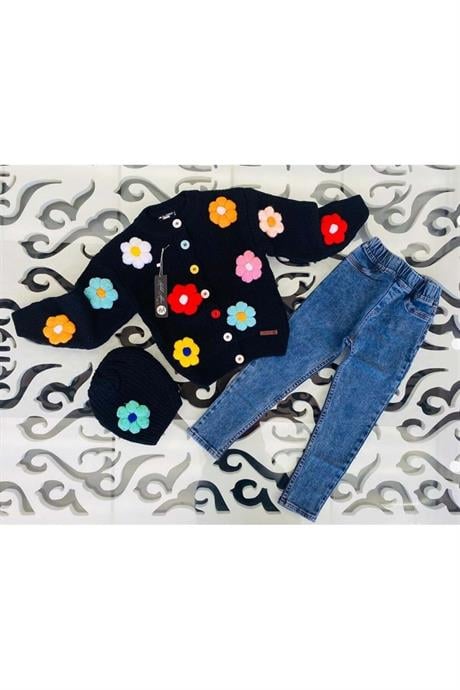 Kız Çocuk Papatya Nakışlı Triko Hırka Kot Pantolon Bere 3'lü Takım Siyah 12 Yaş