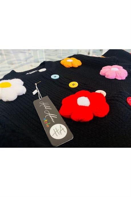 Kız Çocuk Papatya Nakışlı Triko Hırka Kot Pantolon Bere 3'lü Takım Siyah 12 Yaş