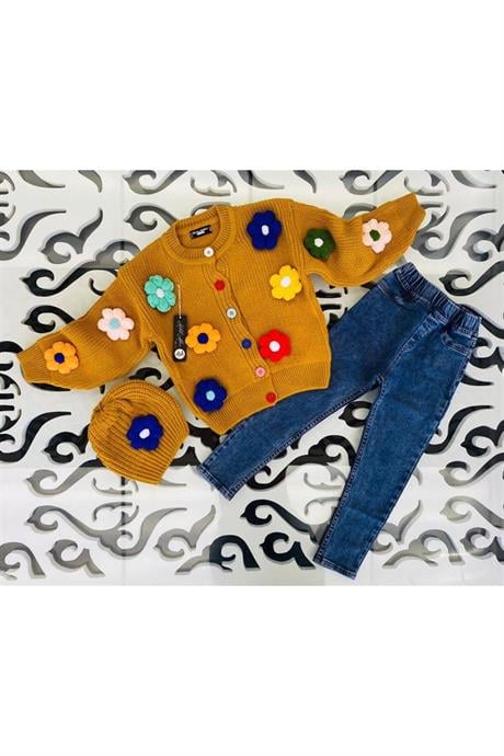 Kız Çocuk Papatya Nakışlı Triko Hırka Kot Pantolon Bere 3'lü Takım Hardal 6 Yaş