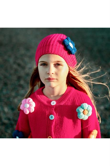 Kız Çocuk Papatya Nakışlı Triko Hırka Kot Pantolon Bere 3'lü Takım Fuşya 10 Yaş