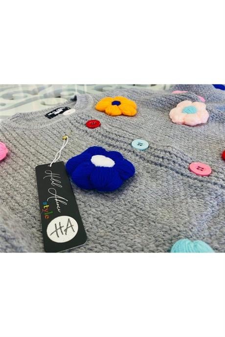 Kız Çocuk Papatya Nakışlı Triko Hırka Kot Pantolon Bere 3'lü Takım Gri 4 Yaş