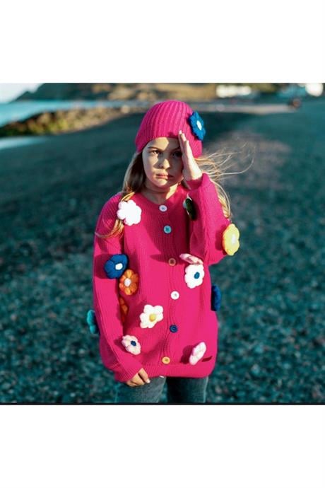 Kız Çocuk Papatya Nakışlı Triko Hırka Kot Pantolon Bere 3'lü Takım Fuşya 10 Yaş