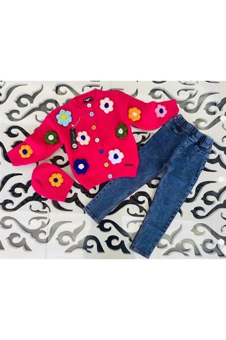 Kız Çocuk Papatya Nakışlı Triko Hırka Kot Pantolon Bere 3'lü Takım Fuşya 8 Yaş