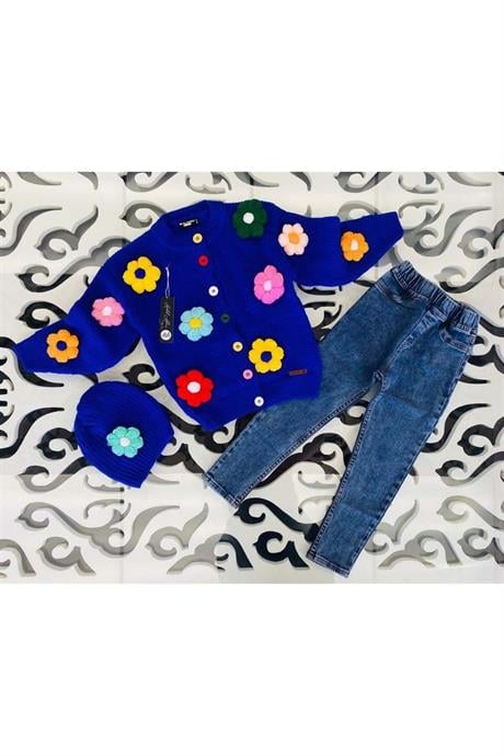 Kız Çocuk Papatya Nakışlı Triko Hırka Kot Pantolon Bere 3'lü Takım Saks 12 Yaş