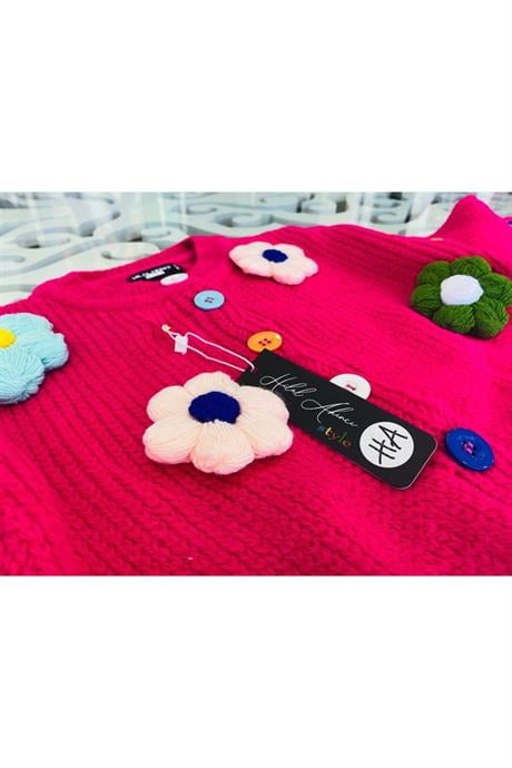 Kız Çocuk Papatya Nakışlı Triko Hırka Kot Pantolon Bere 3'lü Takım Fuşya 12 Yaş