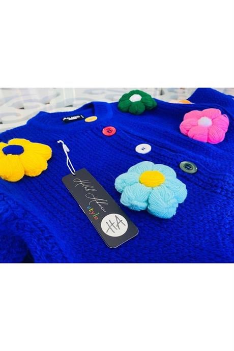 Kız Çocuk Papatya Nakışlı Triko Hırka Kot Pantolon Bere 3'lü Takım Saks 6 Yaş