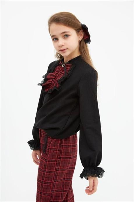 Kız Çocuk Parça Detaylı Siyah Bluz Ekose Desenli Pantolon Toka 3'lü Takım Bordo 12 Yaş