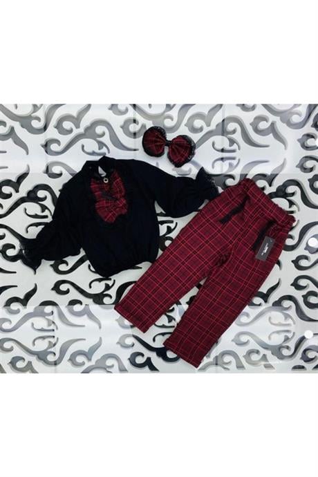 Kız Çocuk Parça Detaylı Siyah Bluz Ekose Desenli Pantolon Toka 3'lü Takım Bordo 8 Yaş