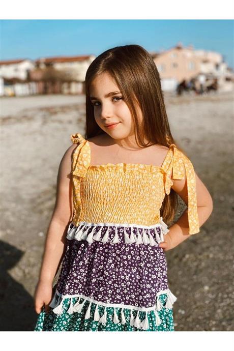 Kız Çocuk Parçalı Renkli Ispanyol Model Elbise SARI 14 Yaş