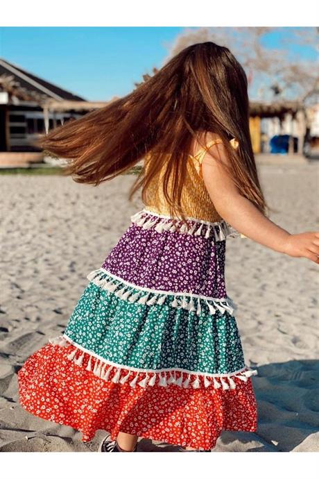 Kız Çocuk Parçalı Renkli Ispanyol Model Elbise SARI 12 Yaş