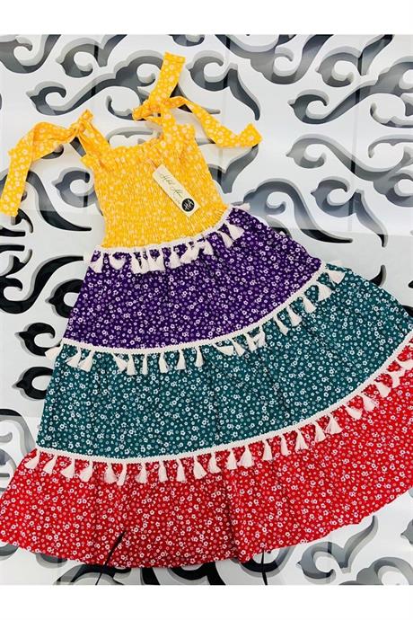 Kız Çocuk Parçalı Renkli Ispanyol Model Elbise SARI 12 Yaş