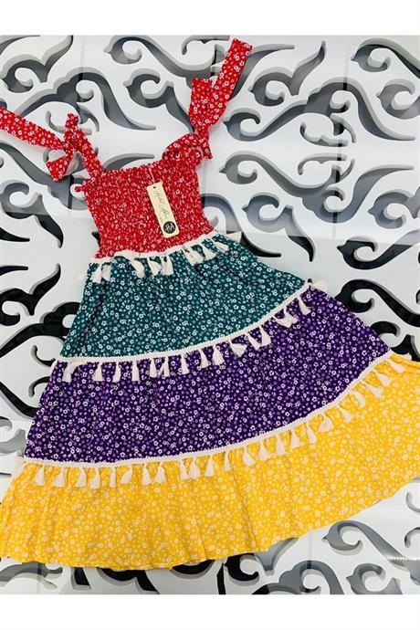 Kız Çocuk Parçalı Renkli Ispanyol Model Elbise KIRMIZI 10 Yaş