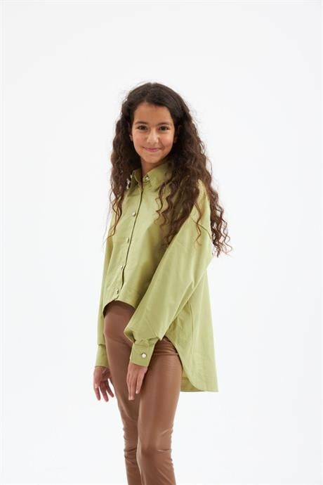 Kız Çocuk Pile Detaylı Gömlek Deri Tayt 2'li Takım YEŞİL 6 Yaş