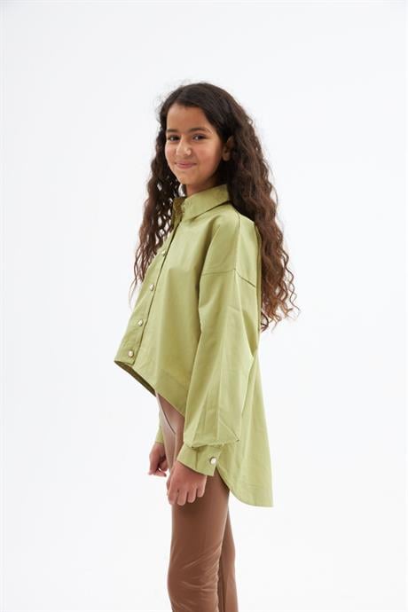 Kız Çocuk Pile Detaylı Gömlek Deri Tayt 2'li Takım YEŞİL 8 Yaş