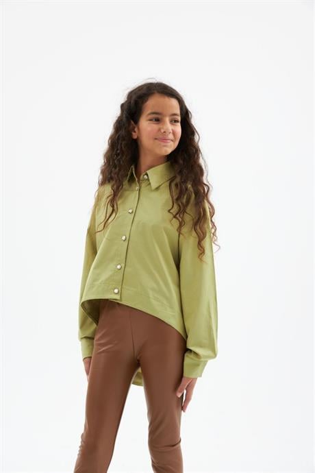 Kız Çocuk Pile Detaylı Gömlek Deri Tayt 2'li Takım YEŞİL 8 Yaş