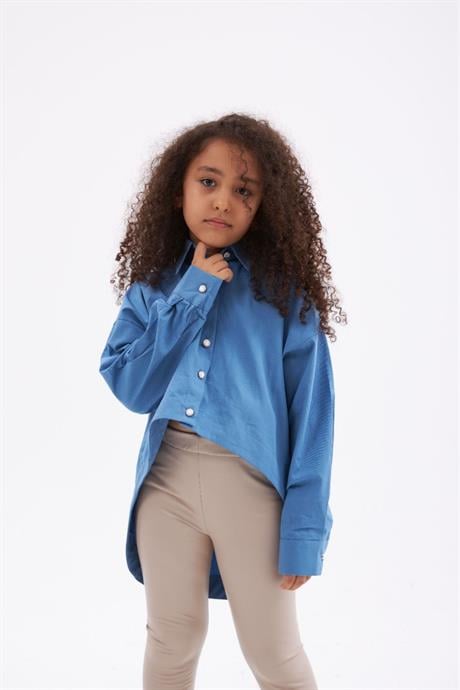 Kız Çocuk Pile Detaylı Gömlek Deri Tayt 2'li Takım MAVİ 4 Yaş