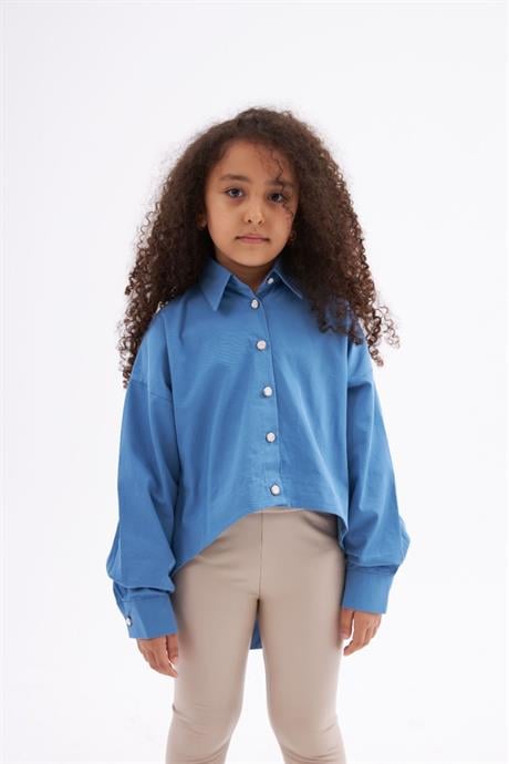Kız Çocuk Pile Detaylı Gömlek Deri Tayt 2'li Takım MAVİ 12 Yaş