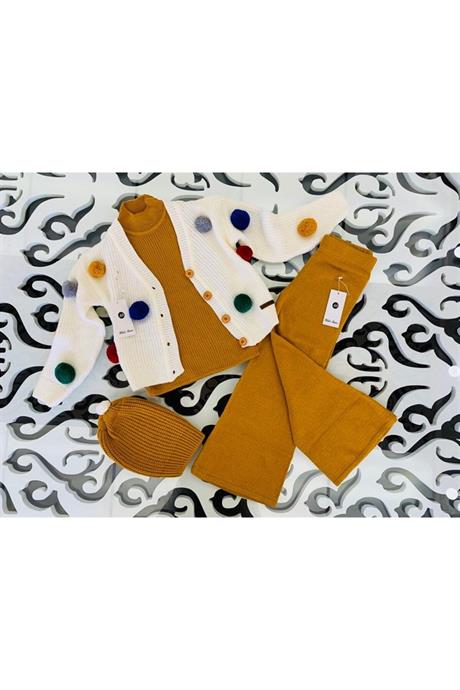 Kız Çocuk Ponponlu Beyaz Triko Hırka Kolsuz Iç Badi Triko Pantolon Bere 4'lü Takım HARDAL 4 Yaş