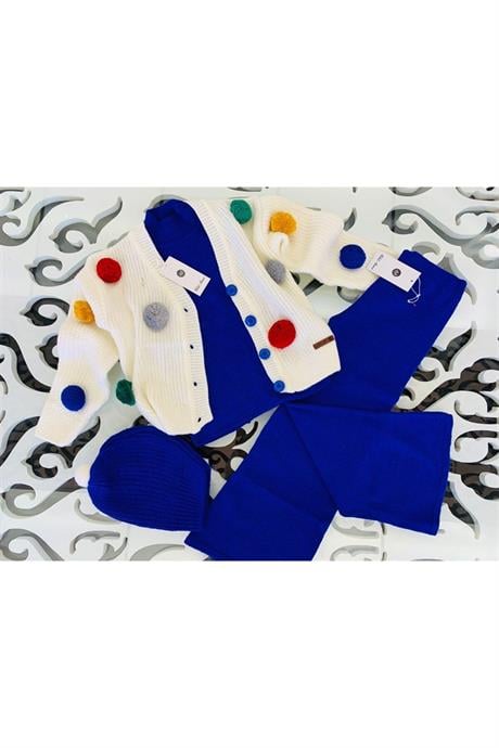 Kız Çocuk Ponponlu Beyaz Triko Hırka Kolsuz Iç Badi Triko Pantolon Bere 4'lü Takım SAKS 8 Yaş