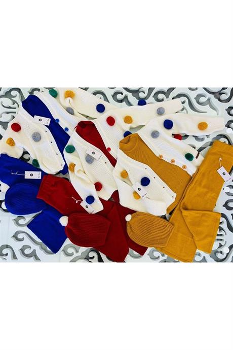 Kız Çocuk Ponponlu Beyaz Triko Hırka Kolsuz Iç Badi Triko Pantolon Bere 4'lü Takım KIRMIZI 4 Yaş