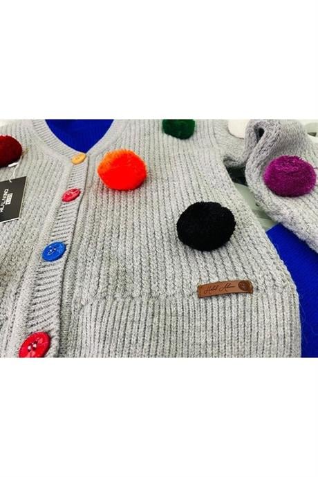 Kız Çocuk Ponponlu Gri Triko Hırka Kolsuz Iç Badi Triko Pantolon Bere 4'lü Takım