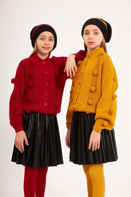 Kız Çocuk Ponponlu Triko Hırka Siyah Deri Piliseli Etek Triko Bere Dörtlü Takım KIRMIZI 10 Yaş