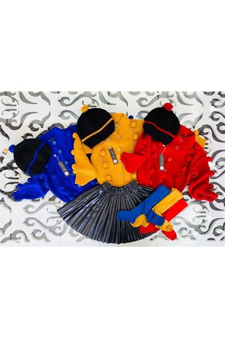 Kız Çocuk Ponponlu Triko Hırka Siyah Deri Piliseli Etek Triko Bere Dörtlü Takım SAKS 12 Yaş