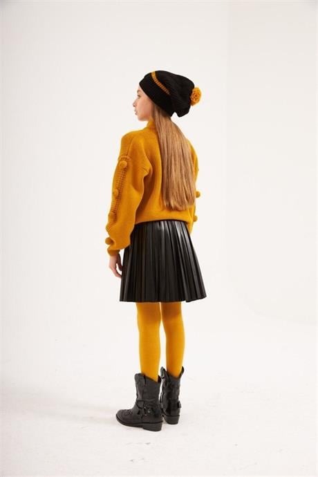 Kız Çocuk Ponponlu Triko Hırka Siyah Deri Piliseli Etek Triko Bere Dörtlü Takım HARDAL 14 Yaş