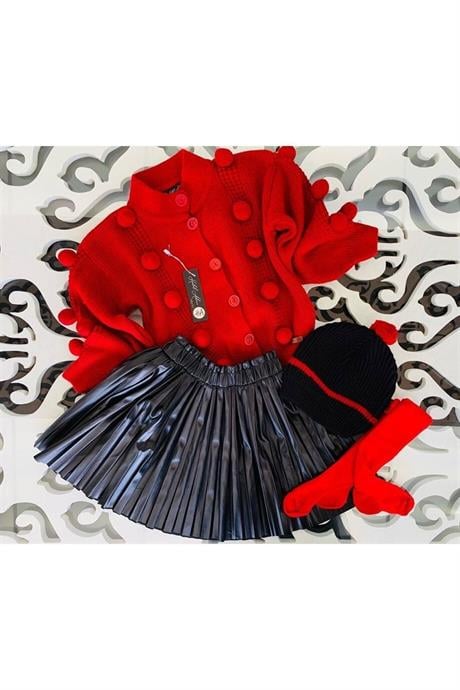 Kız Çocuk Ponponlu Triko Hırka Siyah Deri Piliseli Etek Triko Bere Dörtlü Takım KIRMIZI 4 Yaş