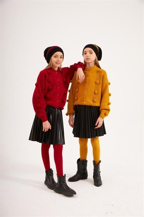 Kız Çocuk Ponponlu Triko Hırka Siyah Deri Piliseli Etek Triko Bere Dörtlü Takım HARDAL 14 Yaş