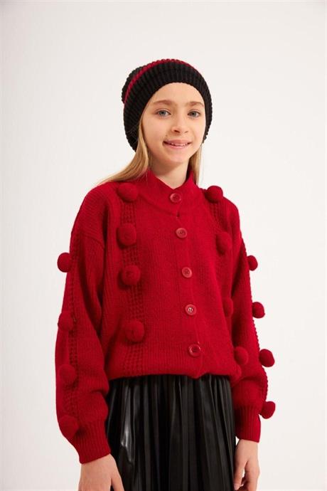 Kız Çocuk Ponponlu Triko Hırka Siyah Deri Piliseli Etek Triko Bere Dörtlü Takım KIRMIZI 6 Yaş