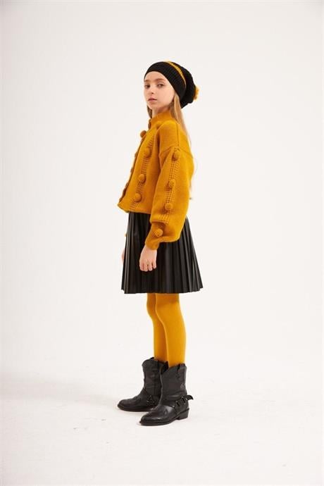 Kız Çocuk Ponponlu Triko Hırka Siyah Deri Piliseli Etek Triko Bere Dörtlü Takım HARDAL 14 Yaş