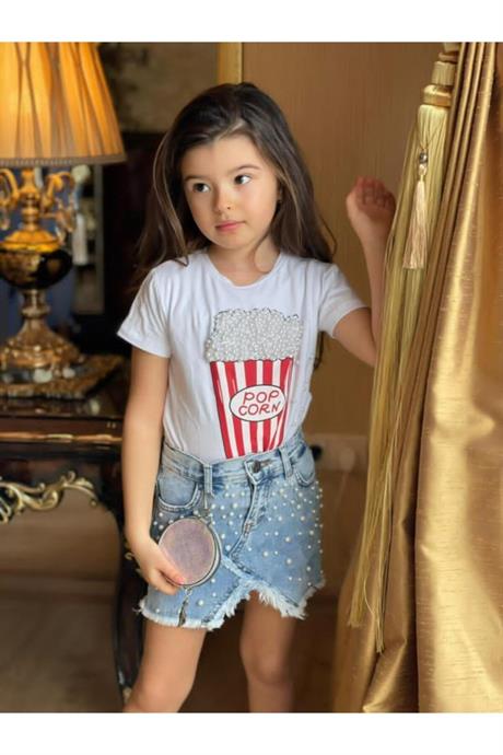 Kız Çocuk Pop Corn Baskılı Bluz Kot Etek Ikili Takım BEYAZ 4 Yaş