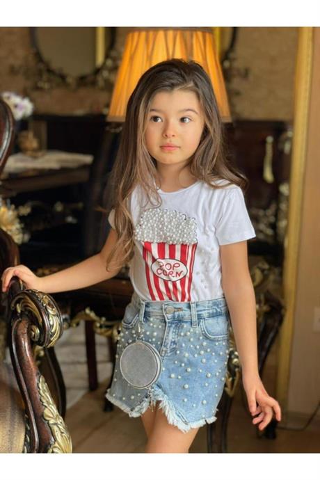 Kız Çocuk Pop Corn Baskılı Bluz Kot Etek Ikili Takım BEYAZ 6 Yaş