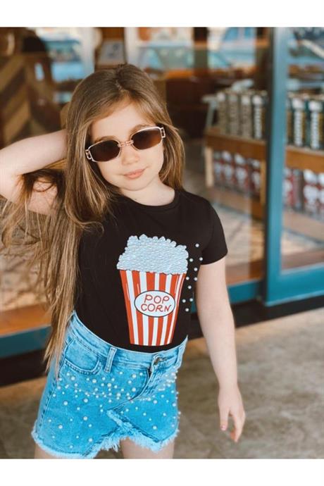 Kız Çocuk Pop Corn Baskılı Bluz Kot Etek Ikili Takım SİYAH 10 Yaş