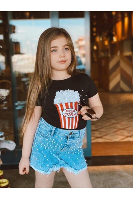 Kız Çocuk Pop Corn Baskılı Bluz Kot Etek Ikili Takım SİYAH 10 Yaş
