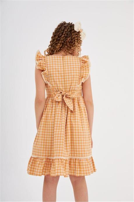 Kız Çocuk Pötikare Desenli Dokuma Elbise Sarı 8 Yaş