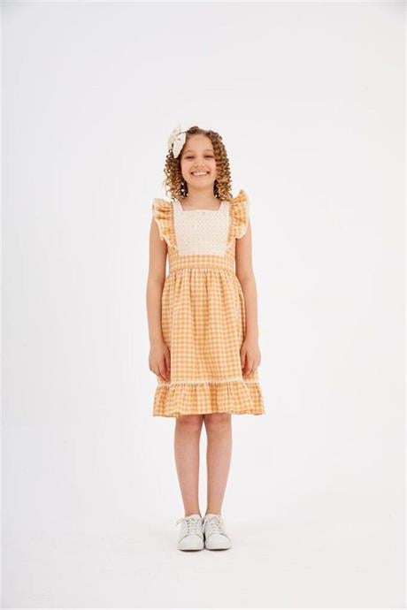 Kız Çocuk Pötikare Desenli Dokuma Elbise Sarı 4 Yaş