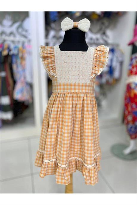 Kız Çocuk Pötikare Desenli Dokuma Elbise Sarı 10 Yaş