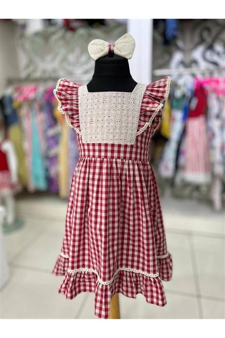 Kız Çocuk Pötikare Desenli Dokuma Elbise Kırmızı 6 Yaş