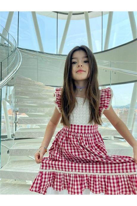 Kız Çocuk Pötikare Desenli Dokuma Elbise Kırmızı 10 Yaş