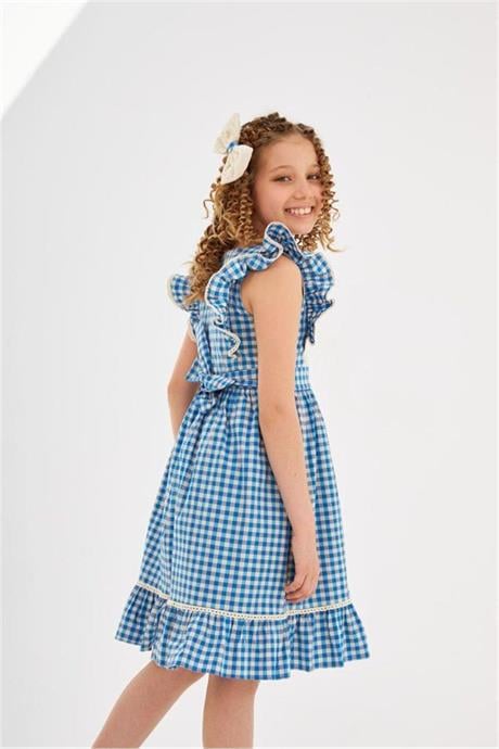 Kız Çocuk Pötikare Desenli Dokuma Elbise Mavi 8 Yaş