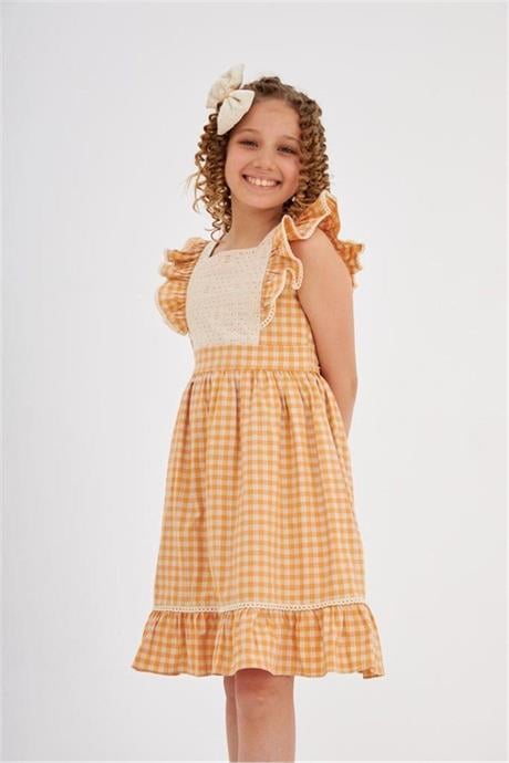 Kız Çocuk Pötikare Desenli Dokuma Elbise Sarı 8 Yaş