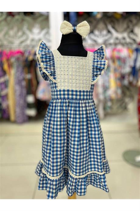 Kız Çocuk Pötikare Desenli Dokuma Elbise Mavi 2-4 Yaş