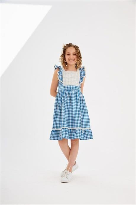 Kız Çocuk Pötikare Desenli Dokuma Elbise Mavi 6 Yaş