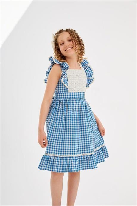 Kız Çocuk Pötikare Desenli Dokuma Elbise Mavi 10 Yaş