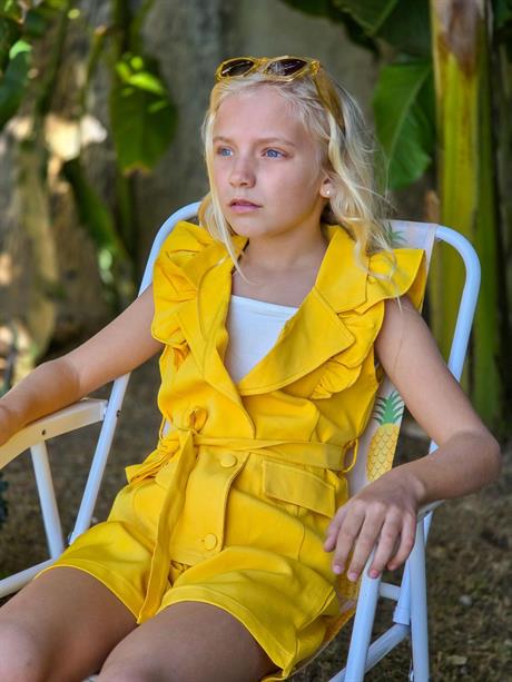 Kız Çocuk Prenses Kol Yelek Şort Body 3'lü Takım SARI 12 Yaş